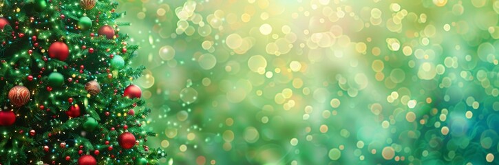 Fototapeta premium Christmas tree banner with red and green ornaments stands against a blurred background of bokeh festive lights, creating a banner-like composition suitable for web design or advertising.