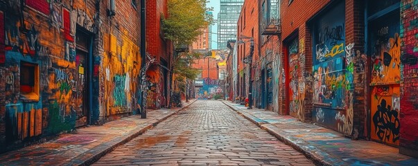 Naklejka premium Graffiti-covered alleyway, showcasing diverse artistic styles.