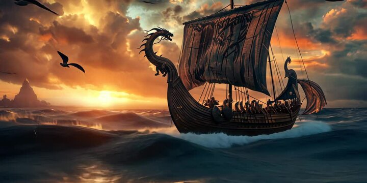 Viking longship sailing through stormy seas, accompanied by soaring dragons, waves crashing against the hull, and a dramatic sunset on the horizon, 4K Video