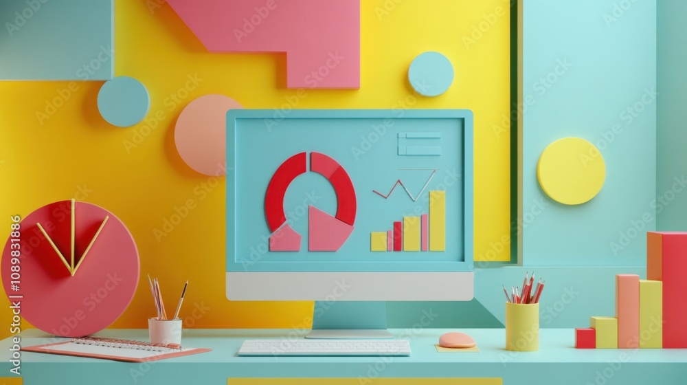 Poster a computer monitor with colorful geometric shapes on a desk with a keyboard, mouse, clock, pens, and