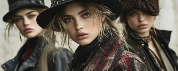 Fototapeta premium Grunge-style fashion shoot, featuring layered clothing and distressed accessories.