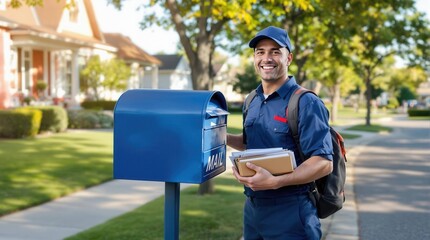 A cheerful mail carrier in a blue uniform and cap holds letters while standing by a mailbox on a sunny suburban street 