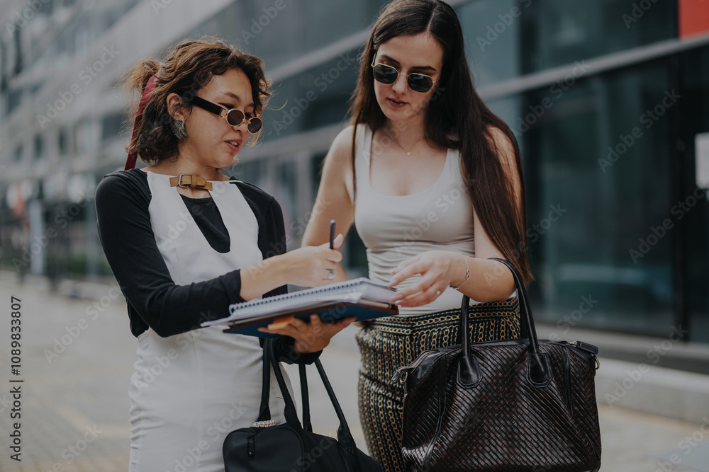 Canvas Prints Two professional women review documents outside an office building, portraying cooperation and teamwork in a modern business environment. Their discussion reflects collaboration and outdoor business