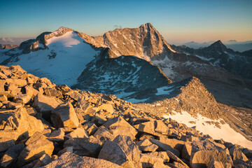 Scenic landscape at sunset in the background mountain peak Adamello, Valle Camonica, Italian Alps, Lombardy, Italy.