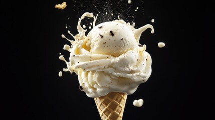 Suspended Vanilla Ice Cream Scoop: Creamy Swirls, Bean Specks, and Melting Droplets Among Floating Wafer Cone Pieces - High-Res Dramatic Food Photography in Black Background.