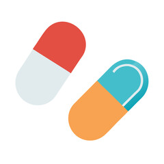 Pills icon in flat design, colorful style, represents healthcare and pharmaceutical concept