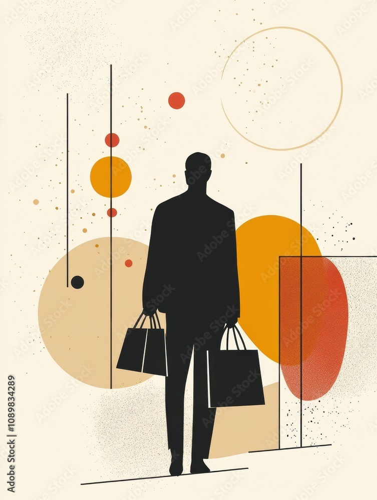 Poster a silhouette of a person stands holding shopping bags, surrounded by vibrant abstract shapes and a m