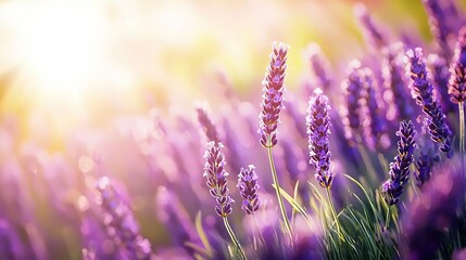 Obraz premium A photo featuring a purple flower field with sunlight filtering through the clouded background