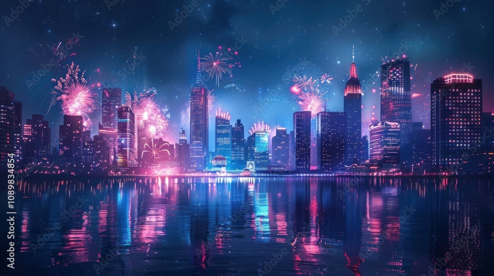 Poster a vibrant cityscape with fireworks exploding over the water, creating a breathtaking spectacle of li