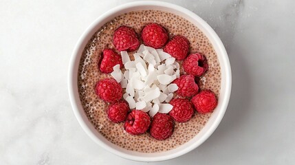  A bowl of oatmeal with raspberries and coconut flakes on a white tablecloth with a spoon