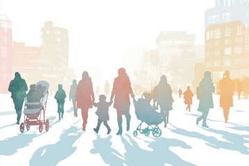 Obraz premium A simple illustration of people walking in the street, with their movements influencing each other's, in different colors and shades of pastel Generative AI