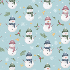 Cute snowmen in hats and scarves hand drawn watercolor christmas seamless pattern. New Year, Christmas bright watercolor snowmen background.