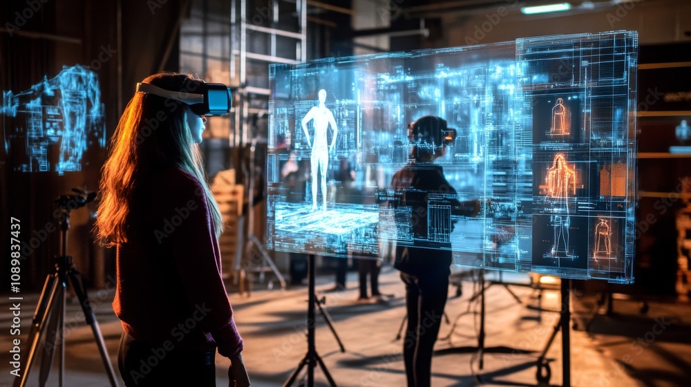 Poster a participant is immersed in virtual reality, engaging with digital holograms displaying various hum