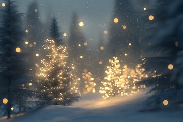 Silhouette of snowy trees glowing softly against a serene holiday backdrop