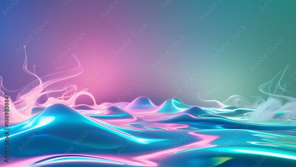 Poster vibrant waves with colorful lights and ethereal mist create a dynamic abstract scene in a serene set