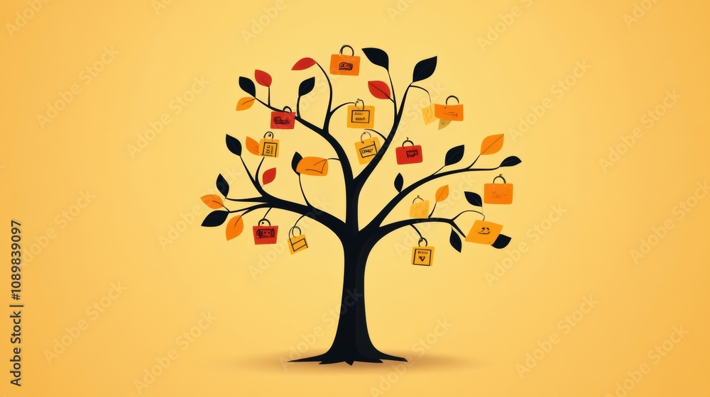 Leinwandbilder an abstract tree features branches adorned with discount symbols and price tags, illustrating a uniq