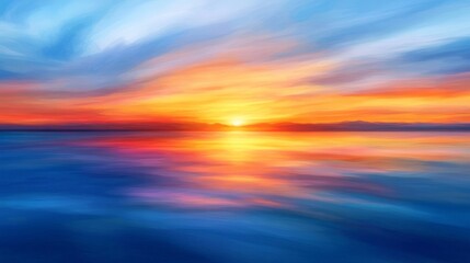 Obraz premium Vibrant Sunset Over Calm Waters, A Beautiful Blend of Colors and Nature. A Peaceful Scene Captured in an Abstract Style.