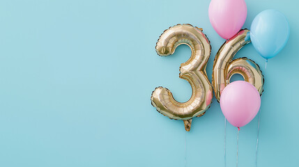 Golden '36' metallic balloons surrounded by pastel pink, blue balloons on light blue background, ideal for milestone birthday decorations and festive celebrations