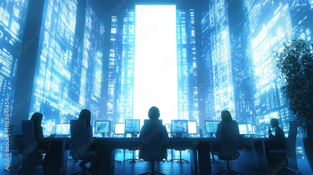 Poster silhouetted figures working amidst digital data walls