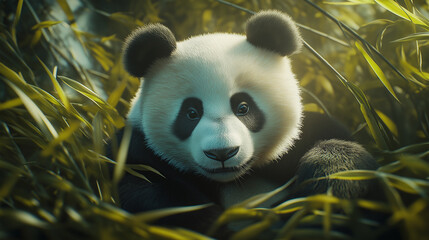 Obraz premium Adorable Panda Bear Resting Peacefully In A Bamboo Forest.