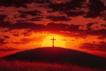 Obraz premium Silhouette of a cross on a hill with a dramatic red and orange sunset