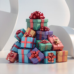 Una pila de regalos coloridos esperan ser obsequiados, en fondo simple. 