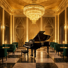 Elegant Art Deco Ballroom with Gold Panels and Crystal Chandelier