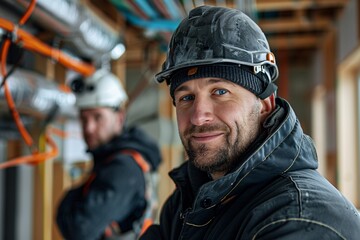 Two construction workers are busy at a renovation site, one smiling at the camera while the other focuses on electrical wiring. They are wearing safety gear and surrounded by tools and equipment