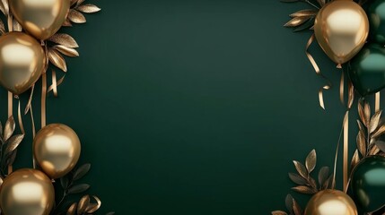 Green and gold balloon frame with leafy details, elegant ribbons generative ai