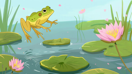 Cartoon Art of a Frog Leaping Over Lily pads in a Serene Pond. Concept of Nature, Wildlife Adventure, Springtime Tranquility, and Frogs in Their Natural Habitat