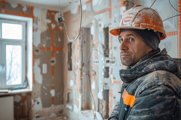 A hardworking construction worker stands in a partially renovated room, wearing an orange hard hat. The walls are unfinished, with exposed wiring and construction debris scattered around