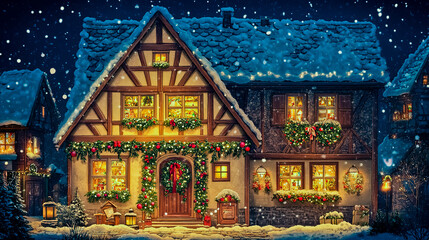 Obraz premium A typical American house festively decorated for Christmas.
