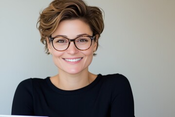Fototapeta premium Smiling woman with glasses engaged in professional training within a calm workspace