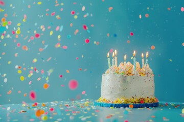 birthday cake with candles, colorful confetti on a blue background, festive celebration with vibrant colors, joyful atmosphere, party decor, dessert display, sweet treat