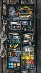 Well-organized fishing tackle box displaying lures, hooks, and fishing gear for enthusiasts and anglers. Vertical