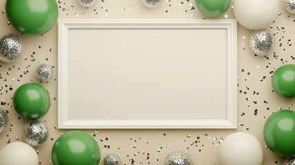 Green and white balloon frame with silver confetti, minimalist style generative ai