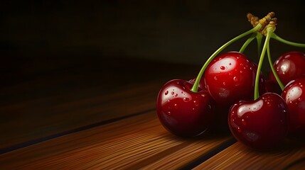 Realistic display of a cluster of fresh cherries with their deep red color and green stems, dark wood background