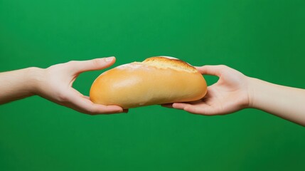 Hands exchanging freshly baked bread against a vibrant green background, symbolizing sharing, connection, and community support in a modern and minimalist style.