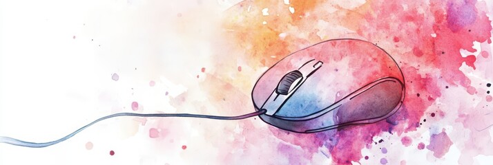 Vibrant watercolor computer mouse artwork for technology-themed designs. Horizontal banner. Copy space. Pink computer mouse on a white background. Watercolor illustration. Computer Security Day