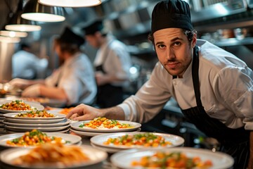 A chef meticulously plates vibrant dishes in a bustling restaurant kitchen, focusing on each detail as fellow cooks prepare meals during the busy dinner rush