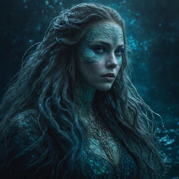 An eldritch selkie shrouded in mystery and magic, its shadowy form a blend of sinuous scales and ethereal mist. The creature's piercing aquamarine eyes seem to hold ancient secrets, glowing with other