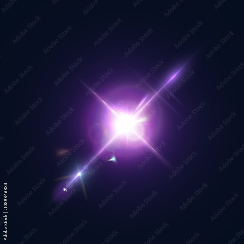Poster Bright purple glow of light lens reflection. Abstract glow and glare effect for illustrations and game interface design. Vector