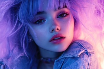 Fototapeta premium Chic Woman in Denim: Vibrant Portrait Featuring Lilac Wig Against a Bold Orange and Pink Background