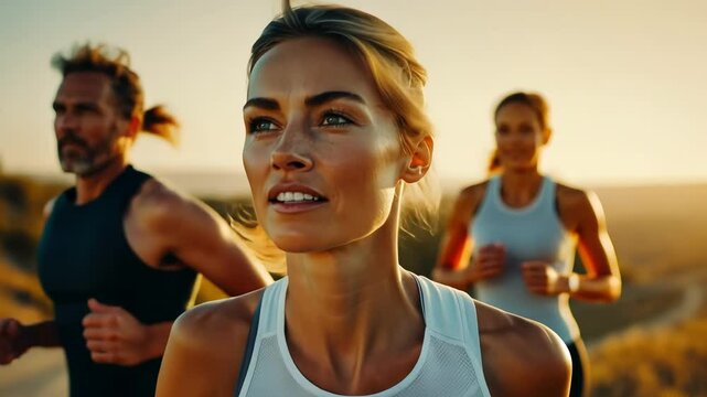 A group of three runners explores beautiful scenic trails at sunrise, enjoying the fresh air, vibrant nature, and energizing atmosphere of the outdoors
