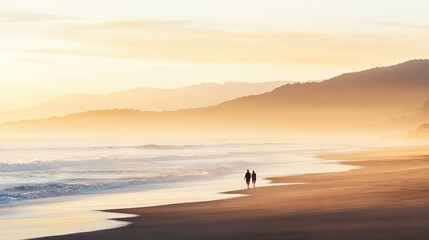   Two individuals on a beach beside the sea, with mountains in the background and the ocean in front