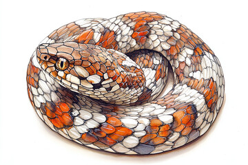 Fototapeta premium A coiled snake watercolor with ink details, clean white background.