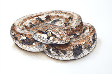 Obraz premium A coiled snake watercolor with ink details, clean white background.