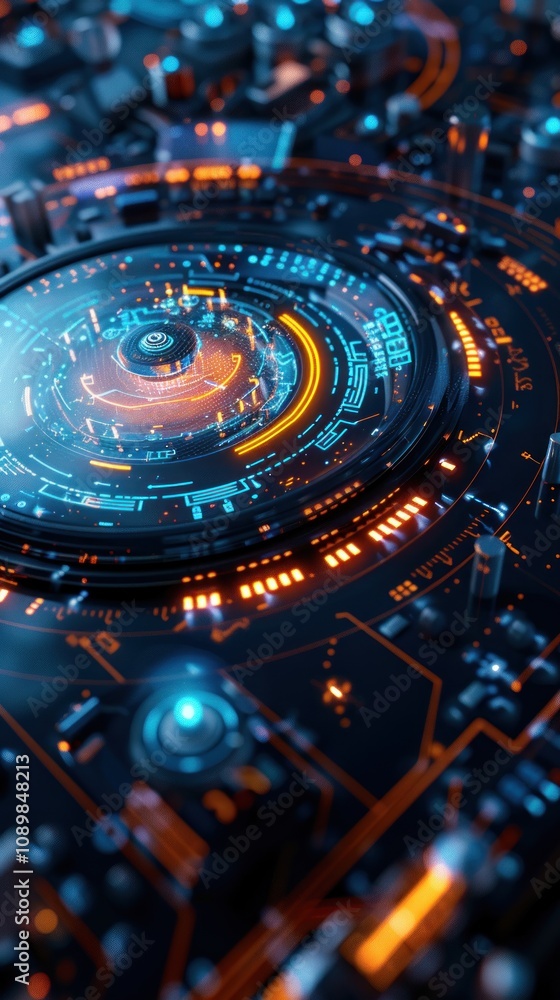 Poster a close-up of a futuristic, glowing, blue and orange, tech device with circular patterns and buttons