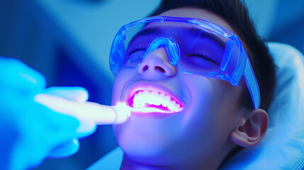 Cosmetic Dentistry in Action: A person receiving laser teeth whitening treatment, wearing protective eyewear. cosmetic treatment, laser dentistry, teeth care, dental innovations, b