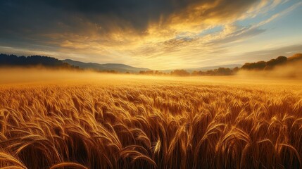 Obraz premium Breathtaking Sunset Over Golden Wheat Fields: A Serene Landscape Experience